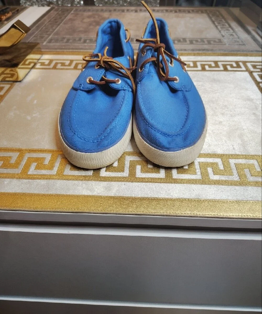 Polo by Ralph Lauren Blue Canvas Boat Shoes with Brown Laces Size 9.5 D